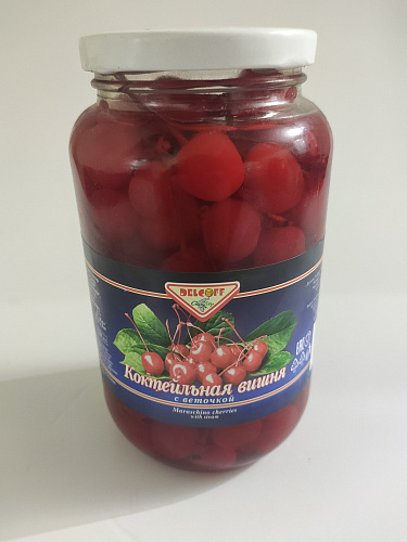 Вишня коктейльная красная с веточкой "Делькофф" (0,680кг/1,085кг/720мл) кор.12шт